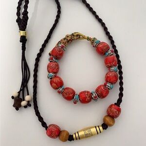 Red and Gold Beaded Necklace with Textured Beads